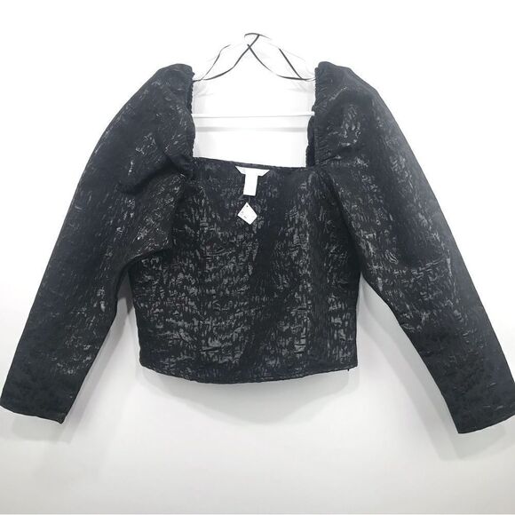 H&M Black Metallic Pattern Puff Sleeve Peasant Crop Blouse - Picture 1 of 11